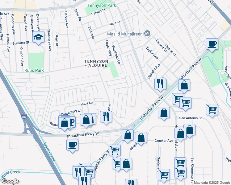 map of restaurants, bars, coffee shops, grocery stores, and more near 29270 Sandburg Way in Hayward