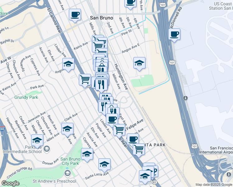 map of restaurants, bars, coffee shops, grocery stores, and more near 400 San Anselmo Avenue North in San Bruno