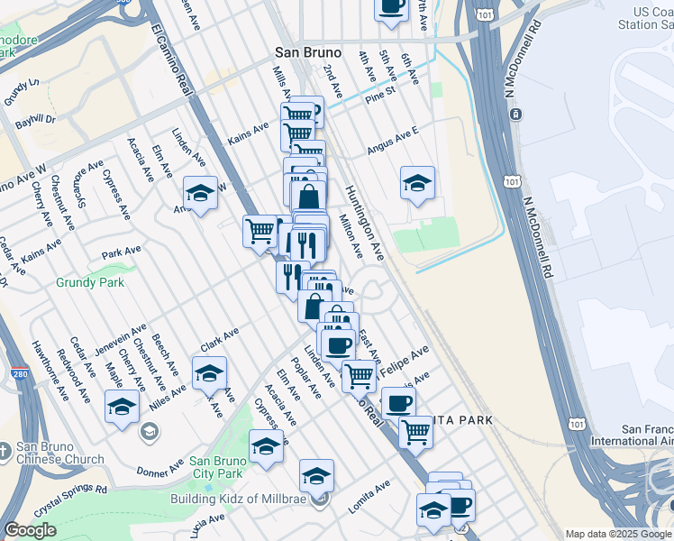 map of restaurants, bars, coffee shops, grocery stores, and more near 169 Martin Place in San Bruno