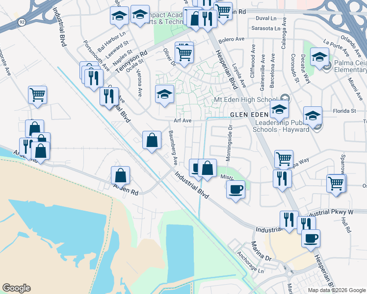map of restaurants, bars, coffee shops, grocery stores, and more near 27945 Pueblo Calle in Hayward
