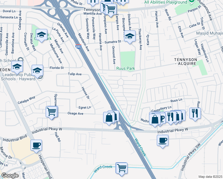 map of restaurants, bars, coffee shops, grocery stores, and more near 28243 Murcia Street in Hayward