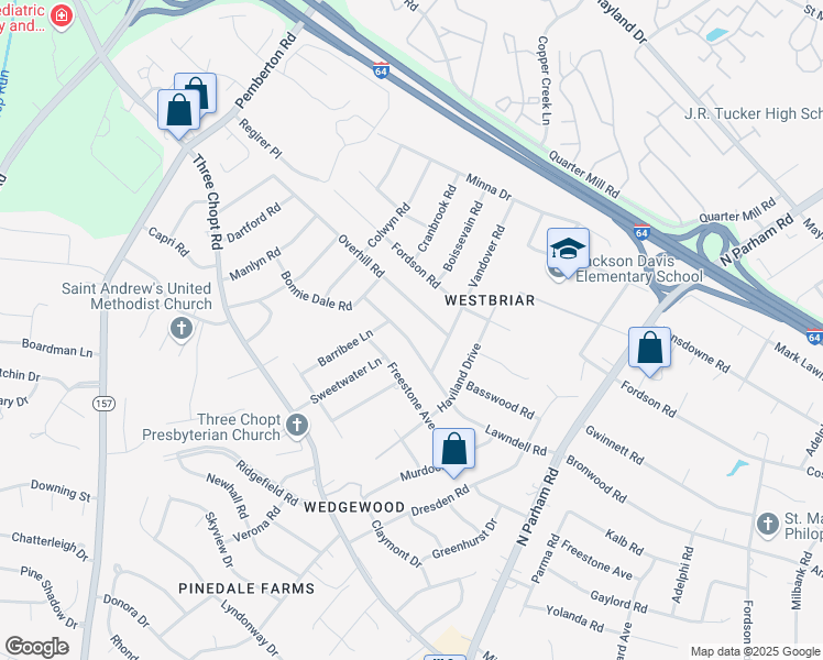map of restaurants, bars, coffee shops, grocery stores, and more near 9308 Lawndell Road in Richmond