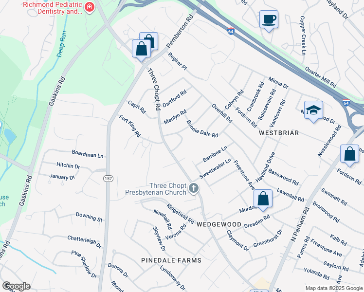 map of restaurants, bars, coffee shops, grocery stores, and more near 2107 Rainbow Drive in Richmond