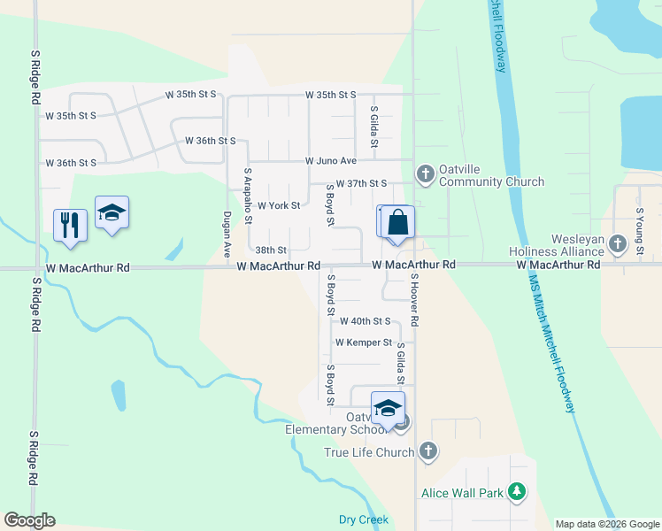 map of restaurants, bars, coffee shops, grocery stores, and more near Boyd in Wichita