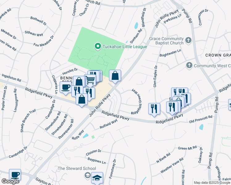 map of restaurants, bars, coffee shops, grocery stores, and more near 10513 Ridgefield Green Place in Richmond