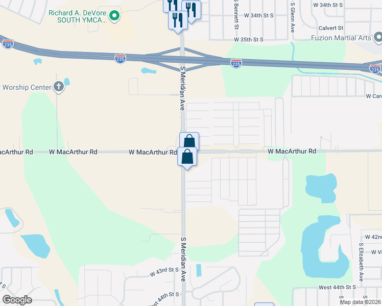 map of restaurants, bars, coffee shops, grocery stores, and more near 3850 South Meridian Avenue in Wichita