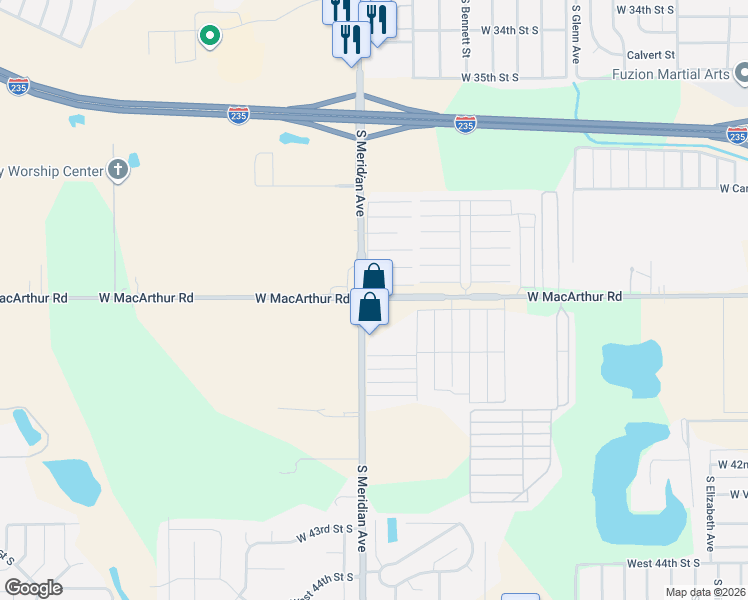 map of restaurants, bars, coffee shops, grocery stores, and more near 3850 South Meridian Avenue in Wichita