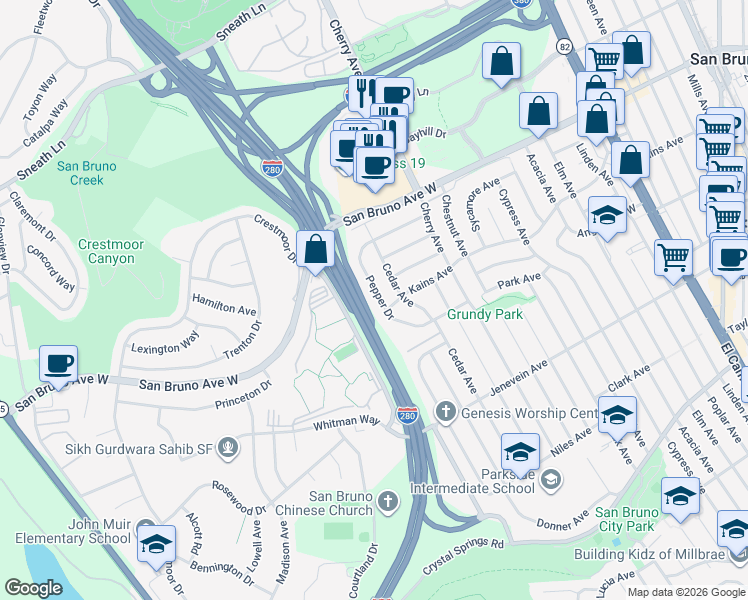 map of restaurants, bars, coffee shops, grocery stores, and more near 743 Pepper Drive in San Bruno