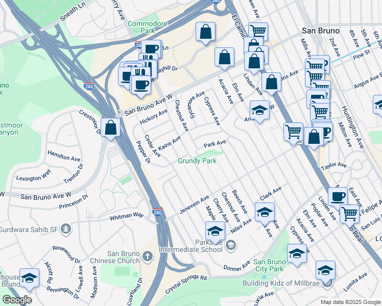 map of restaurants, bars, coffee shops, grocery stores, and more near 590 Cherry Avenue in San Bruno