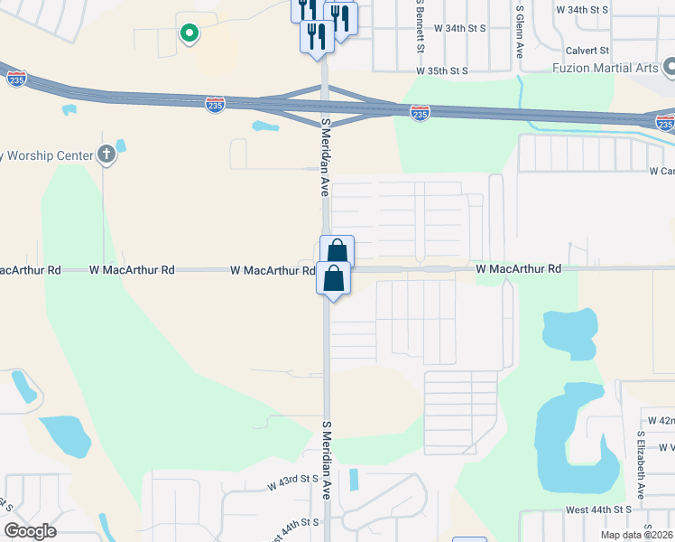 map of restaurants, bars, coffee shops, grocery stores, and more near 3850 South Meridian Avenue in Wichita