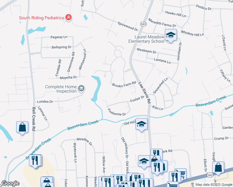 map of restaurants, bars, coffee shops, grocery stores, and more near 7103 Brooks Farm Road in Mechanicsville