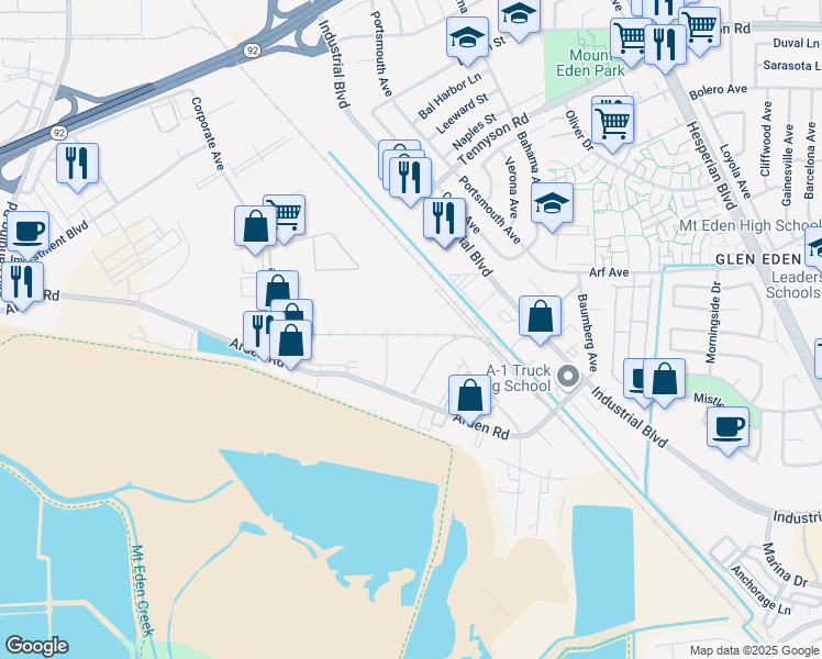 map of restaurants, bars, coffee shops, grocery stores, and more near 26554 Danti Court in Hayward