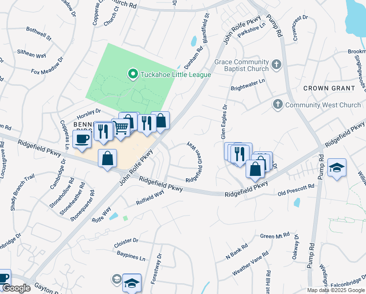 map of restaurants, bars, coffee shops, grocery stores, and more near 2249 Ridgefield Green Way in Richmond