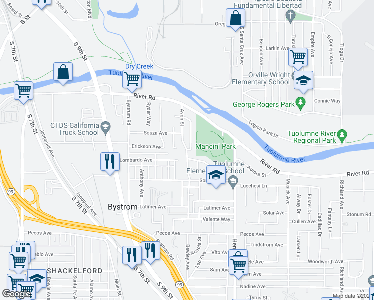 map of restaurants, bars, coffee shops, grocery stores, and more near Avon Street & Mancini Way in Modesto