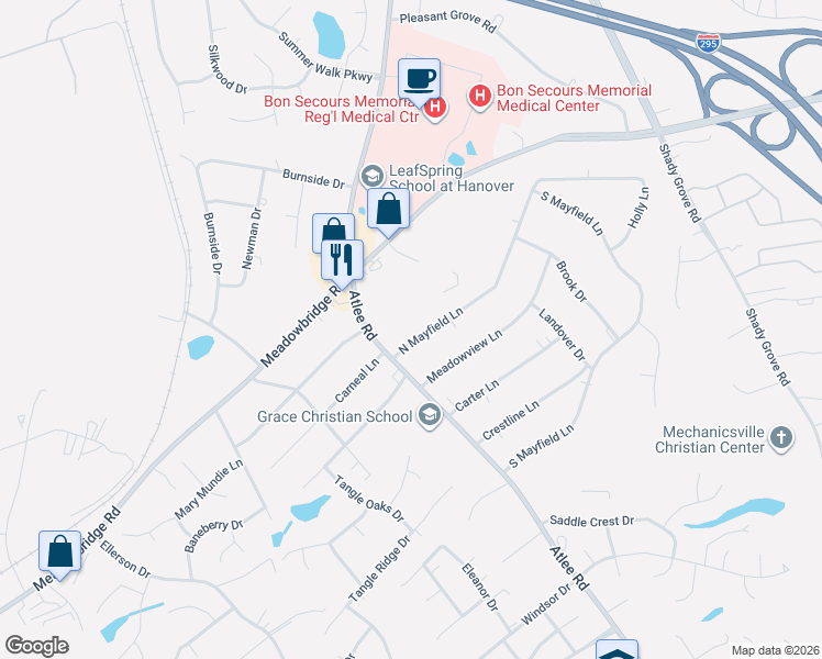 map of restaurants, bars, coffee shops, grocery stores, and more near 8270 North Mayfield Lane in Mechanicsville