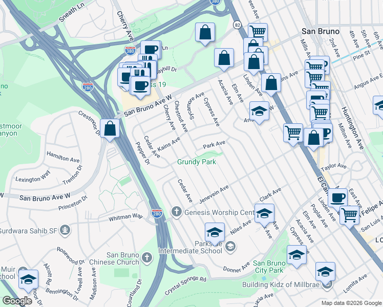 map of restaurants, bars, coffee shops, grocery stores, and more near 590 Cherry Avenue in San Bruno