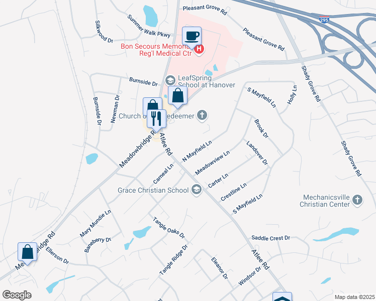 map of restaurants, bars, coffee shops, grocery stores, and more near 8282 North Mayfield Lane in Mechanicsville
