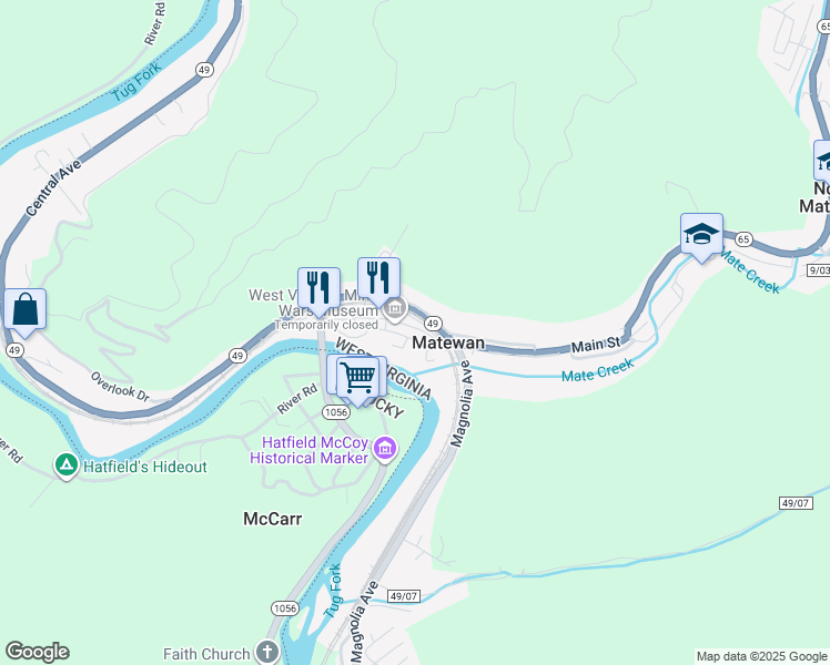 map of restaurants, bars, coffee shops, grocery stores, and more near 312 Mate Street in Matewan