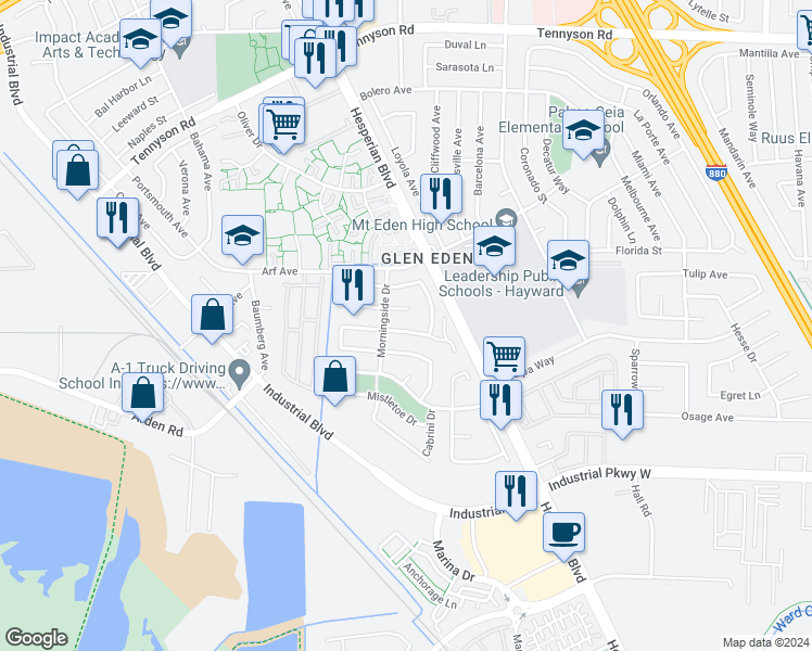 map of restaurants, bars, coffee shops, grocery stores, and more near 2421 Cabrillo Drive in Hayward