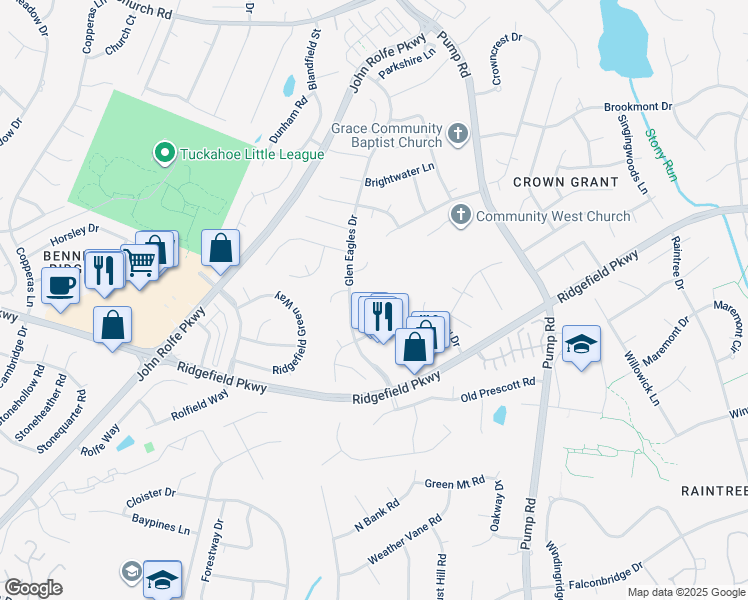 map of restaurants, bars, coffee shops, grocery stores, and more near 2513 Eagles View Court in Richmond
