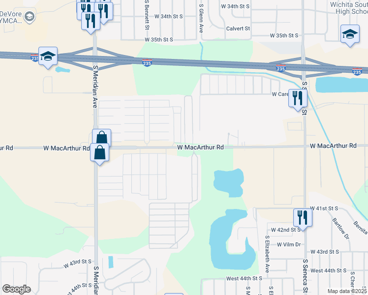 map of restaurants, bars, coffee shops, grocery stores, and more near 2114 West Macarthur Road in Wichita