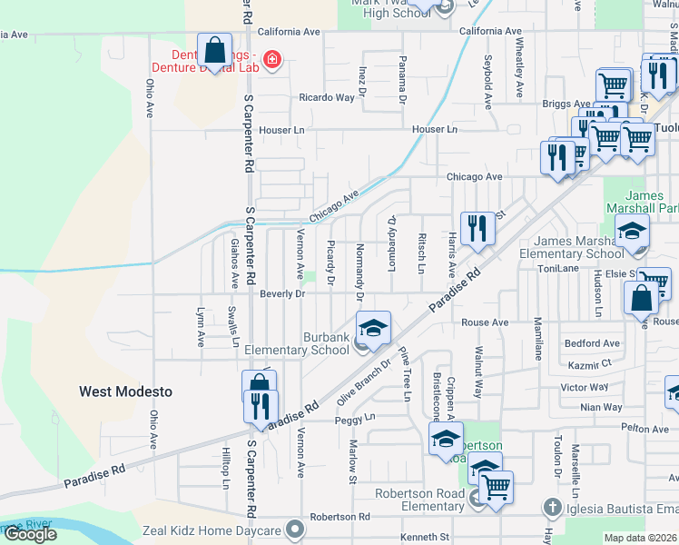 map of restaurants, bars, coffee shops, grocery stores, and more near 1408 Picardy Drive in Modesto