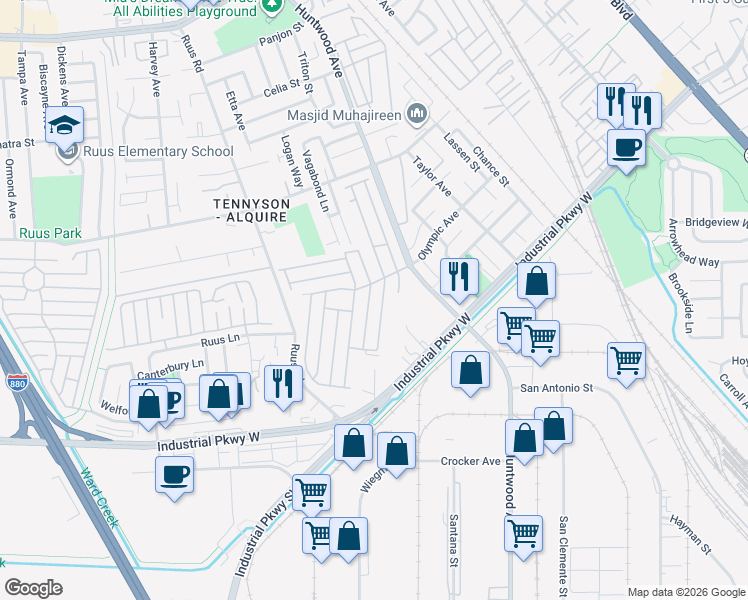 map of restaurants, bars, coffee shops, grocery stores, and more near 29293 Nantucket Way in Hayward