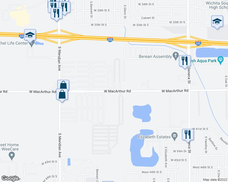map of restaurants, bars, coffee shops, grocery stores, and more near 2172 West MacArthur Road in Wichita