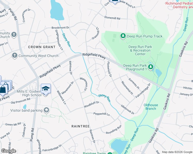 map of restaurants, bars, coffee shops, grocery stores, and more near 2010 Boulder Run Drive in Richmond