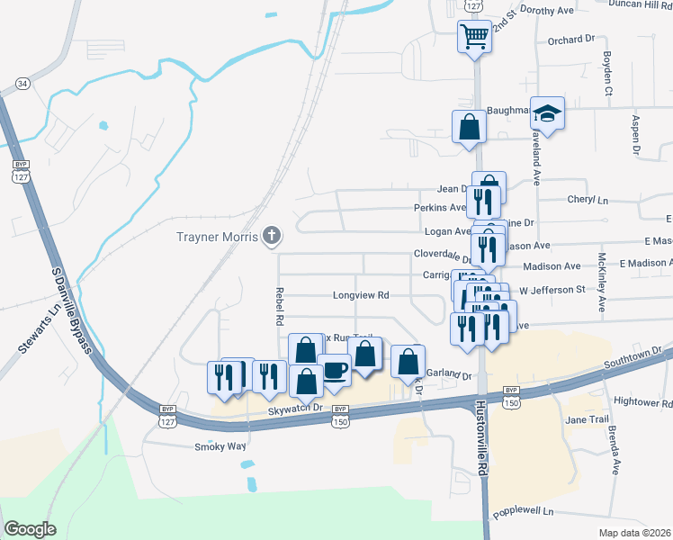 map of restaurants, bars, coffee shops, grocery stores, and more near 612 Cloverdale Drive in Danville