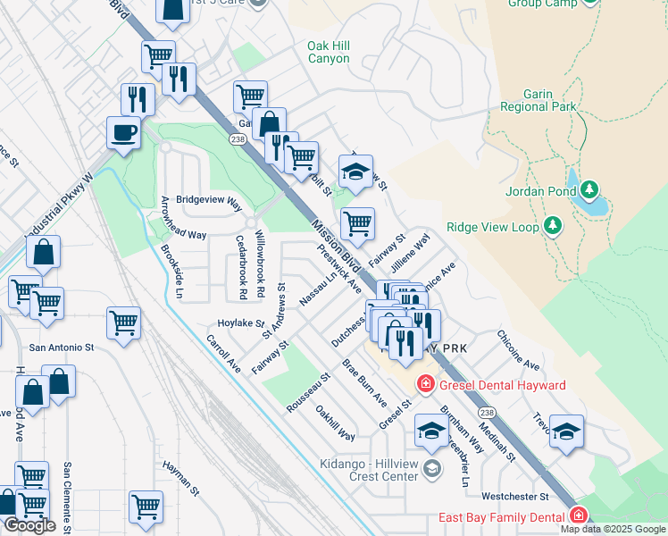 map of restaurants, bars, coffee shops, grocery stores, and more near 30565 Prestwick Avenue in Hayward