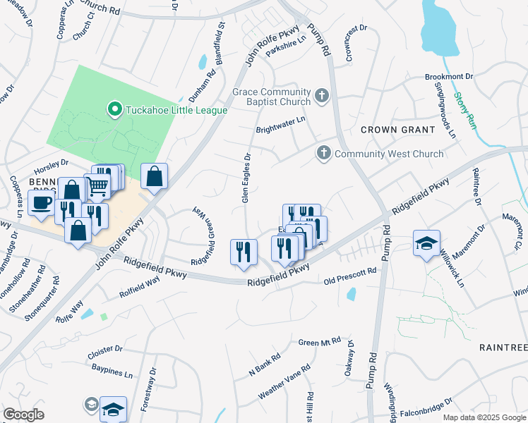 map of restaurants, bars, coffee shops, grocery stores, and more near 2513 Eagles View Court in Richmond