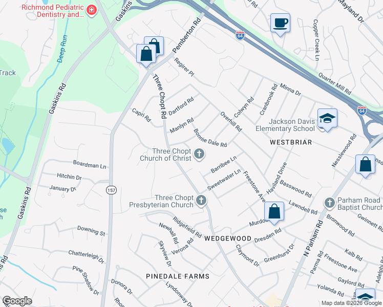 map of restaurants, bars, coffee shops, grocery stores, and more near 2107 Cool Brook Drive in Richmond