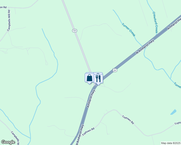map of restaurants, bars, coffee shops, grocery stores, and more near 156 Patrick Henry Highway in Amherst