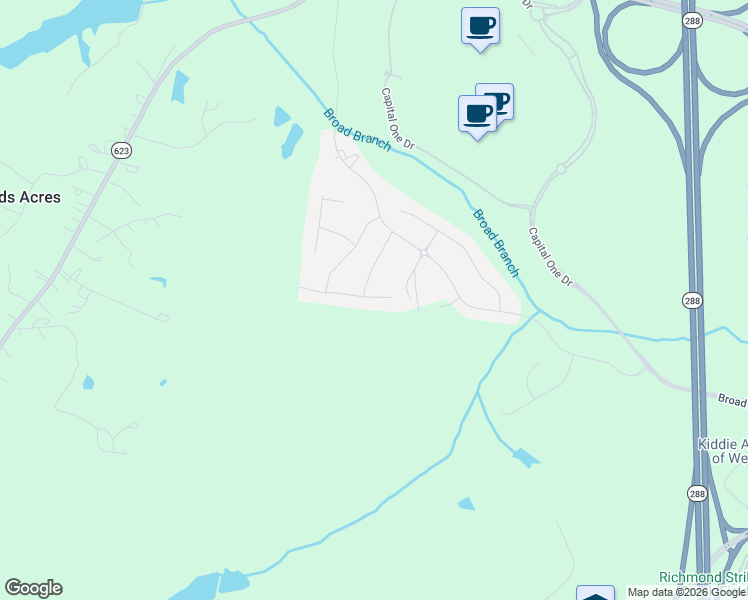 map of restaurants, bars, coffee shops, grocery stores, and more near 15075 Capital One Drive in Richmond