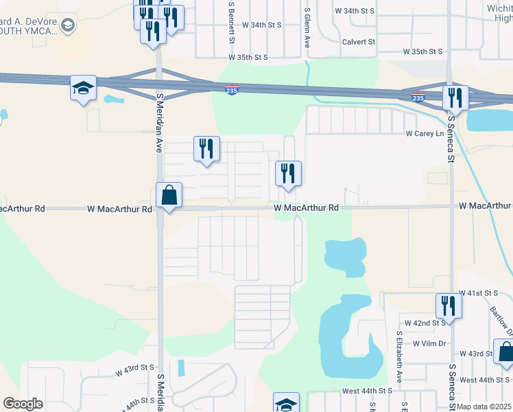 map of restaurants, bars, coffee shops, grocery stores, and more near 2052-2114 West Macarthur Road in Wichita