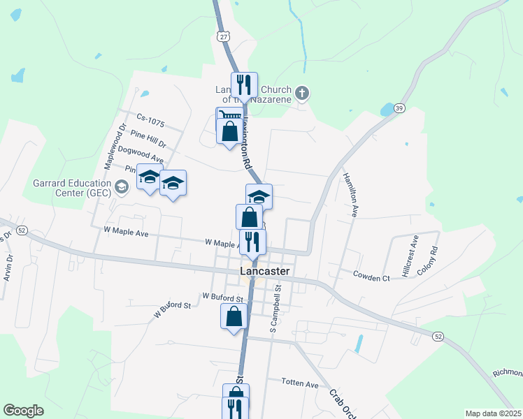 map of restaurants, bars, coffee shops, grocery stores, and more near 205 Lexington Road in Lancaster