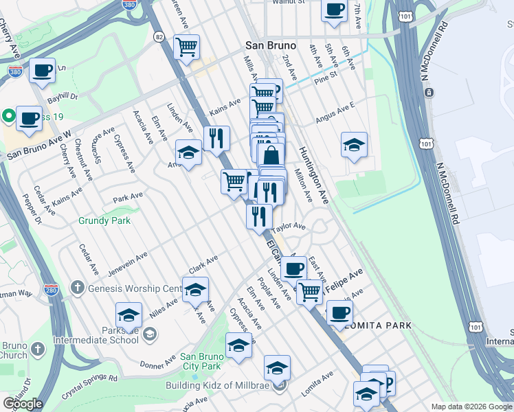 map of restaurants, bars, coffee shops, grocery stores, and more near 444 El Camino Real in San Bruno