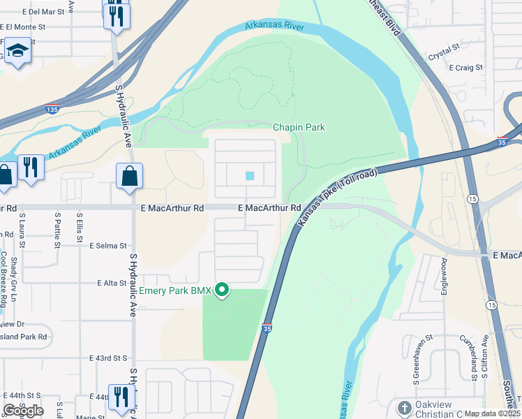 map of restaurants, bars, coffee shops, grocery stores, and more near 2301 East Macarthur Road in Wichita