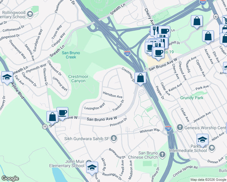 map of restaurants, bars, coffee shops, grocery stores, and more near 2245 Charleston Ave in San Bruno