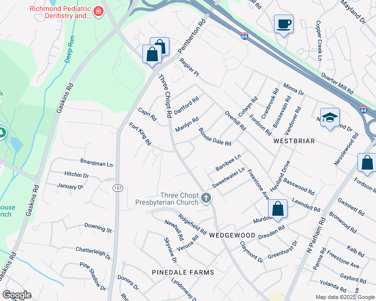 map of restaurants, bars, coffee shops, grocery stores, and more near 2104 Rainbow Drive in Richmond