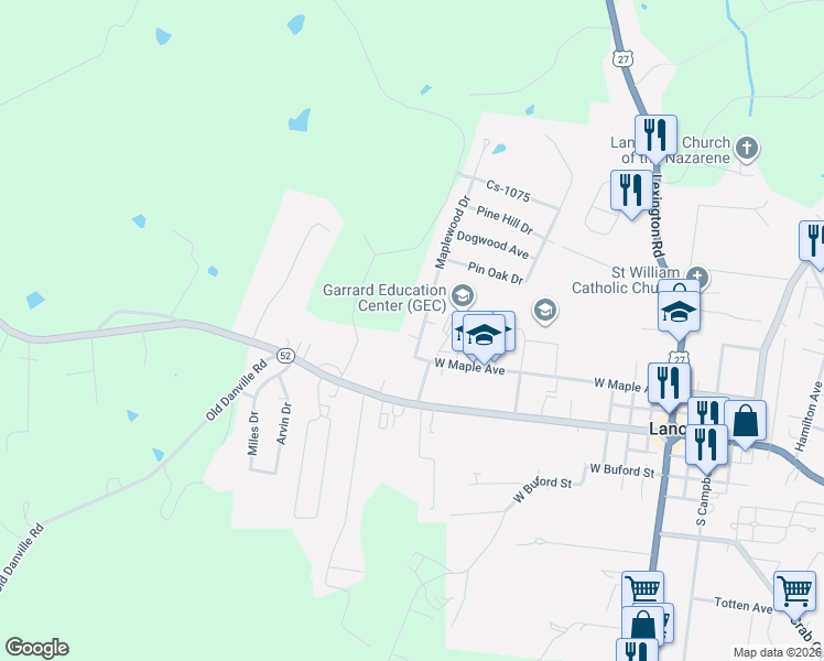 map of restaurants, bars, coffee shops, grocery stores, and more near 114 Maplewood Drive in Lancaster