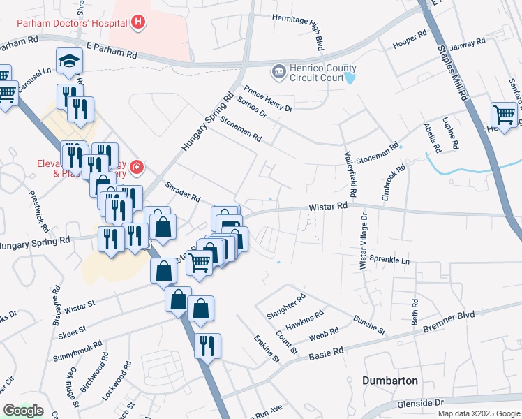 map of restaurants, bars, coffee shops, grocery stores, and more near 4646 Wistar Creek Drive in Henrico