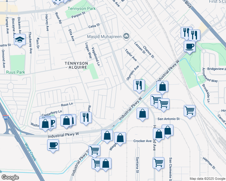 map of restaurants, bars, coffee shops, grocery stores, and more near 29312 Nantucket Way in Hayward