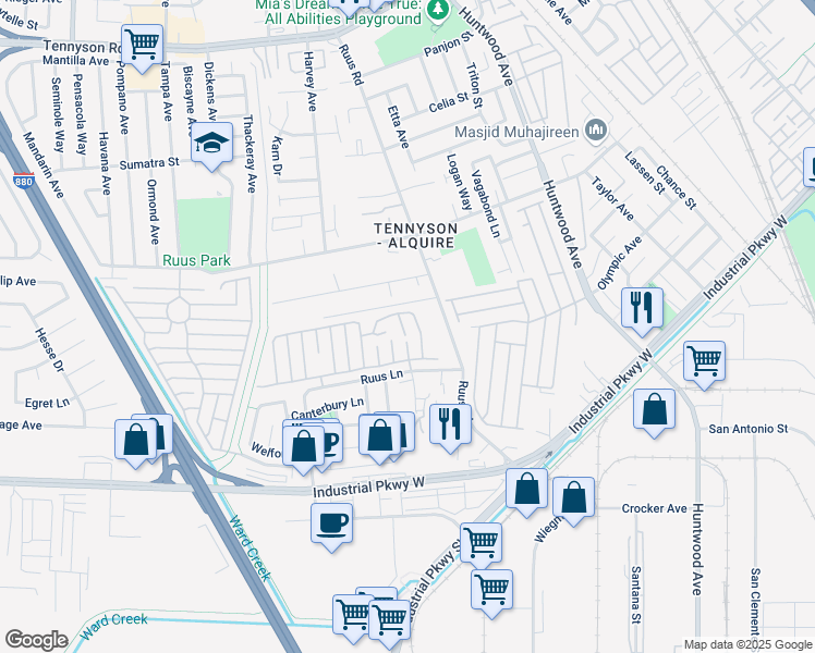 map of restaurants, bars, coffee shops, grocery stores, and more near 29012 Newcastle Court in Hayward