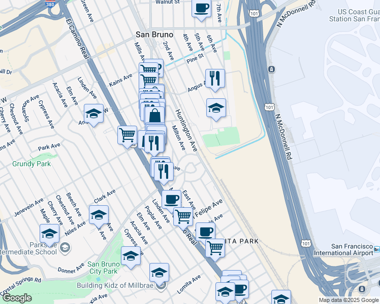 map of restaurants, bars, coffee shops, grocery stores, and more near 413 Huntington Avenue in San Bruno