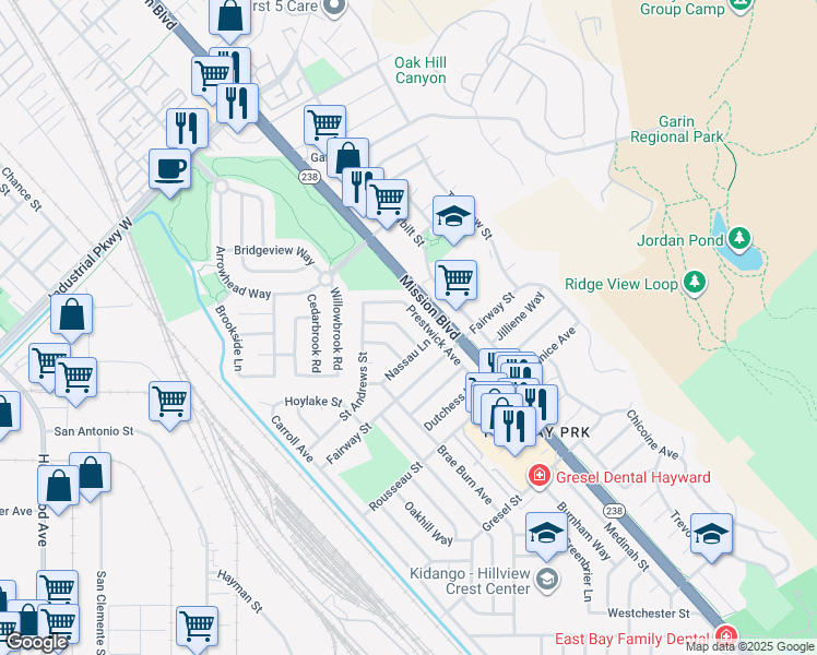 map of restaurants, bars, coffee shops, grocery stores, and more near 30540 Oakmont Way in Hayward