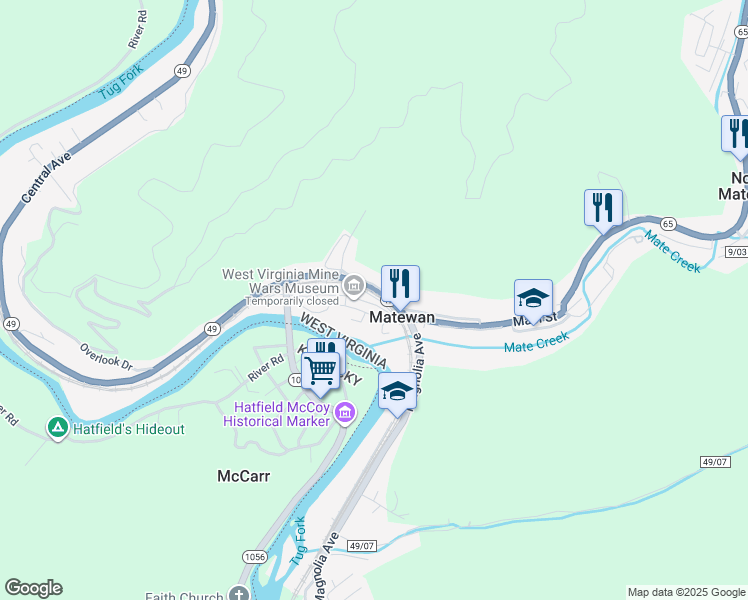map of restaurants, bars, coffee shops, grocery stores, and more near 312 Mate Street in Matewan