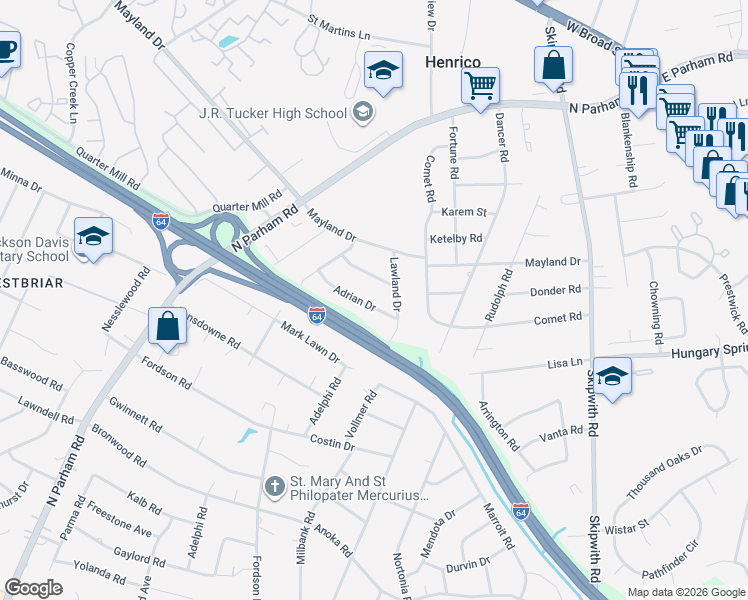 map of restaurants, bars, coffee shops, grocery stores, and more near 8203 Reinland Drive in Richmond