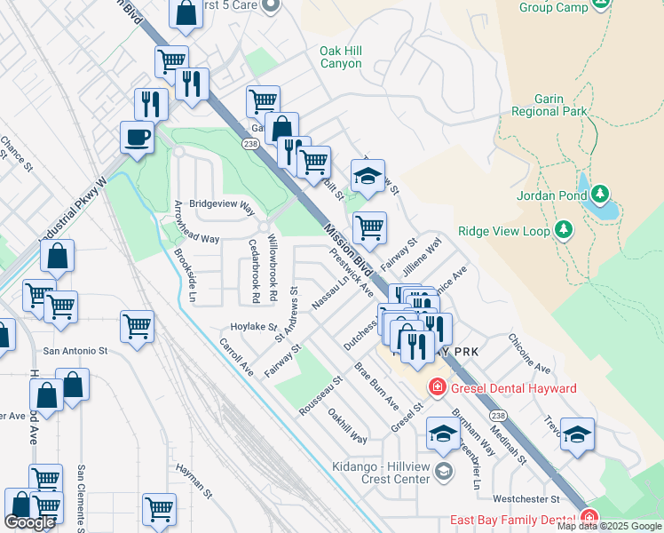 map of restaurants, bars, coffee shops, grocery stores, and more near 30540 Oakmont Way in Hayward